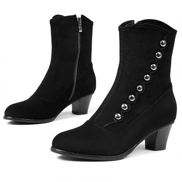 Women's Victorian Ankle Boots Suede Booties Vintage Chunky Heel Cute Dress Shoes - Picture 1 of 5